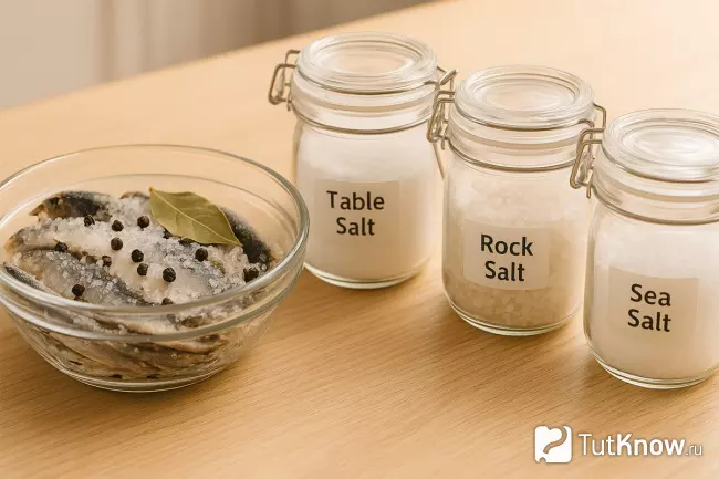 Килька в сухом засоле рядом с тремя видами соли - поваренной, каменной и морской