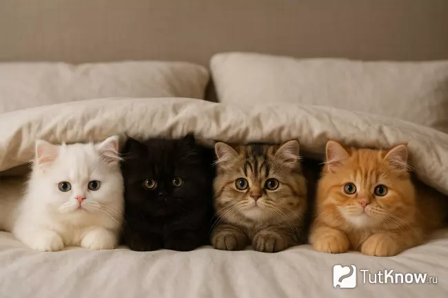 Белый, черный, табби и рыжий персидские котята лежат под одеялом