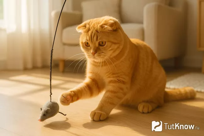 Рыжая шотландская вислоухая кошка играет с игрушкой-мышкой дома