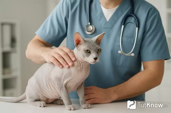 Сфинкс бело-серой окраски на ветеринарном осмотре