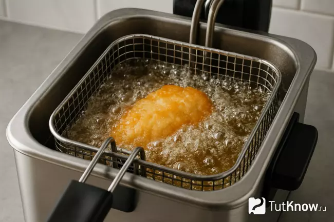 Куриное филе в панировке обжаривается во фритюрнице