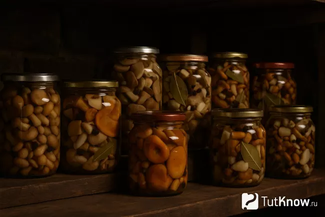 Банки с солёными грибами на полке в погребе