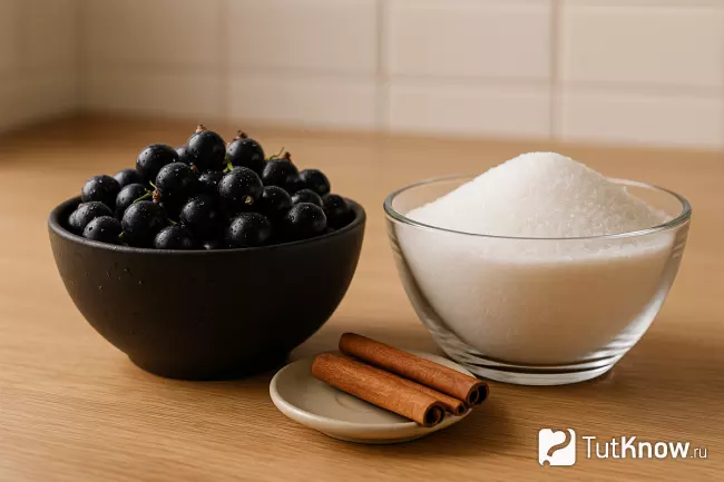 Свежая чёрная смородина и сахар для приготовления варенья на кухонном столе