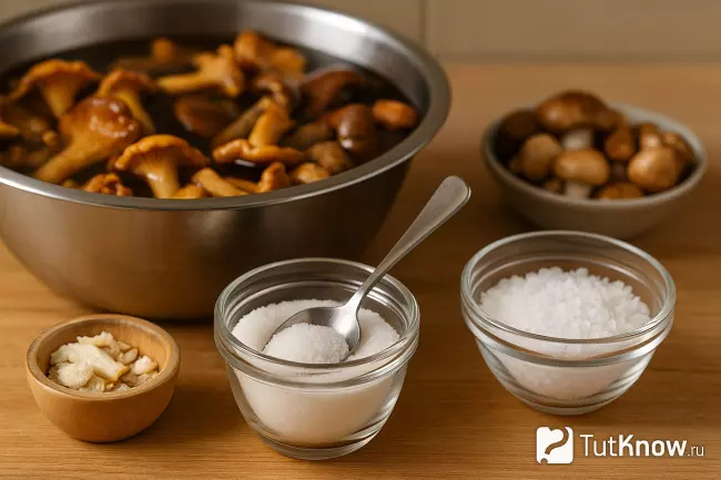 Два вида соли и подготовленные грибы для горячего посола