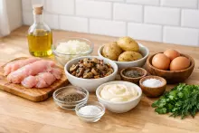 Ингредиенты для салата с курицей, грибами и картофелем