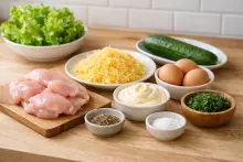 Ингредиенты для салата с курицей, сыром и яйцами