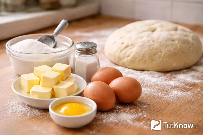 Яйца, сахар, масло и соль рядом с дрожжевым тестом на столе