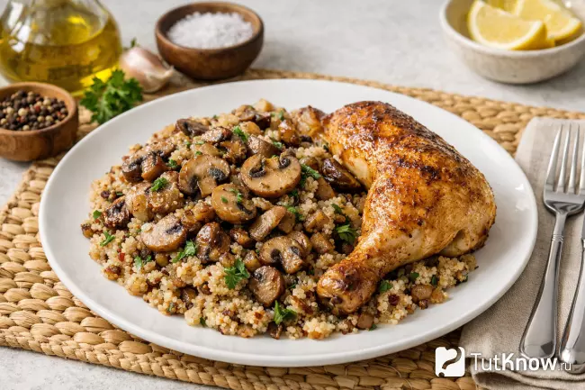 Киноа с жареными грибами и куриной ножкой