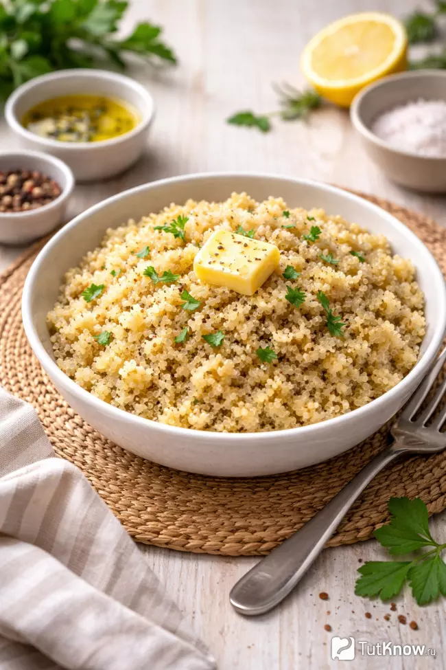 Готовая отварная киноа с кусочком сливочного масла
