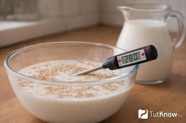 Молоко с сухими дрожжами и кухонным электронным термометром