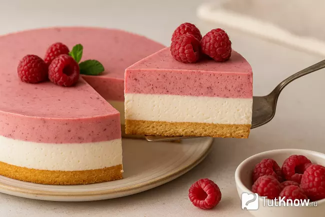 Муссовый торт с малиной и сливочным слоем