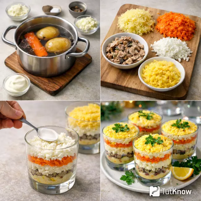 Пошаговое приготовление салата Мимоза в стакане