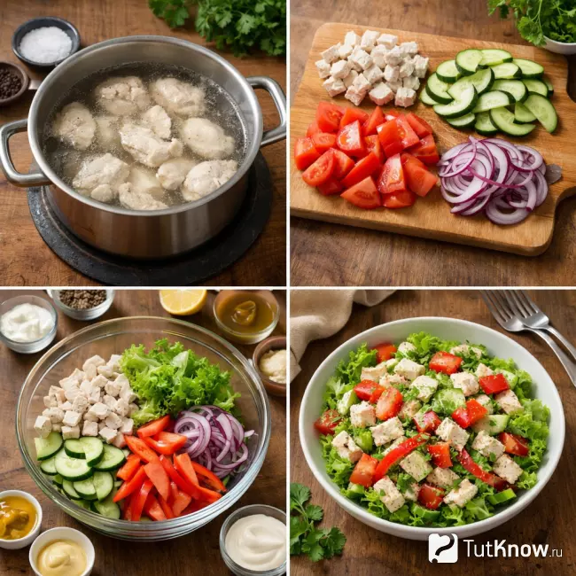 Пошаговое приготовление овощного салата с курицей