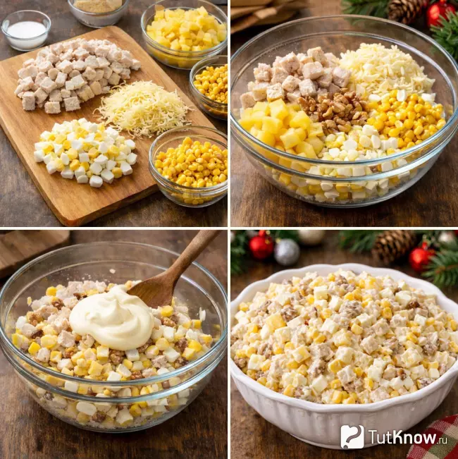 Пошаговое приготовление новогоднего салата с ананасом и курицей