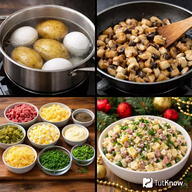 Пошаговое приготовление салата с копченой колбасой и грибами