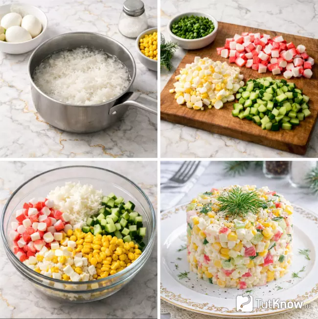 Пошаговое приготовление салата с кукурузой, крабовыми палочками и рисом