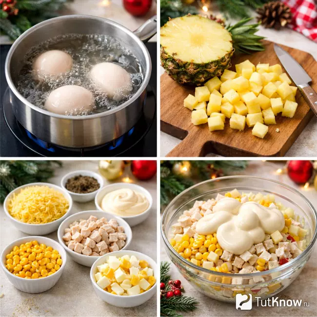 Пошаговое приготовление салата с курицей и ананасом