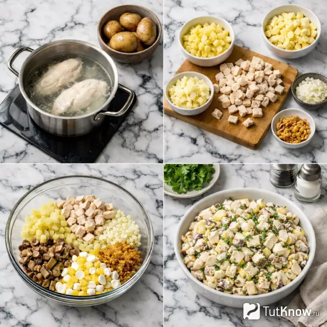 Пошаговое приготовление салата с курицей, картофелем и грибами