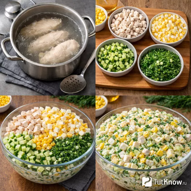 Пошаговое приготовление салата с курицей и яйцом