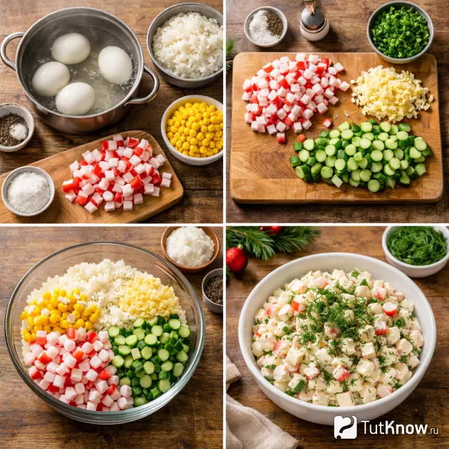 Пошаговое приготовление салата с крабовыми палочками