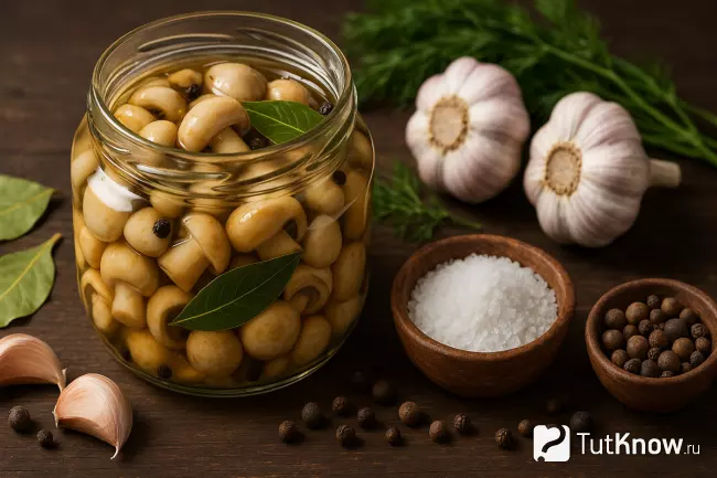 Пряный горячий засол шампиньонов, баночка с грибами и специями