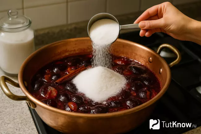 Добавление сахара в сливовый джем с корицей при варке