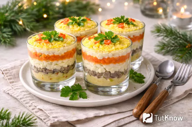 Красивая подача и сборка салата Мимоза в стакане на Новый год