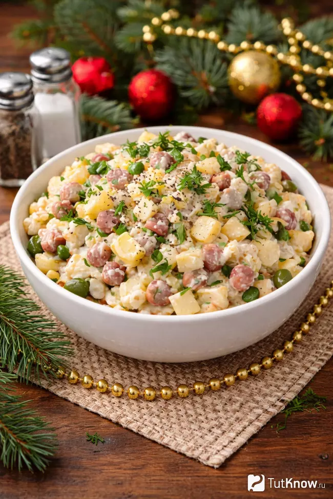 Салат с копченой колбасой, грибами, сыром и яйцами на НГ