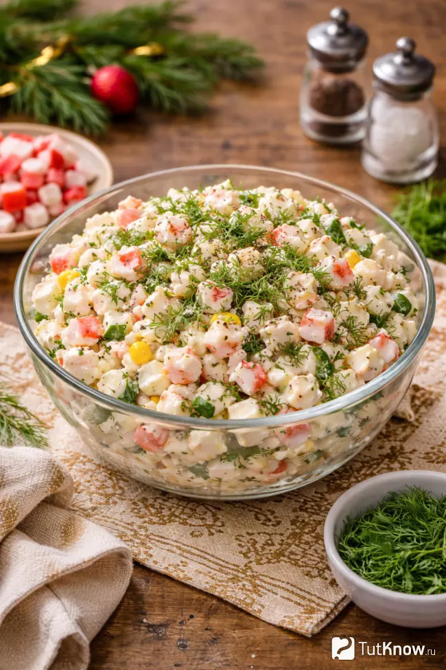 Салат с крабовыми палочками, яйцами и кукурузой на новогоднем столе