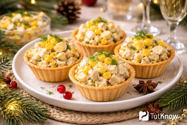 Салат с курицей и ананасом в тарталетках на новогодний стол