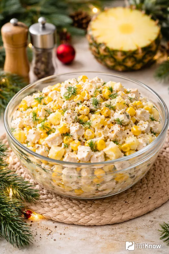 Салат с курицей, ананасом и кукурузой на Новый год