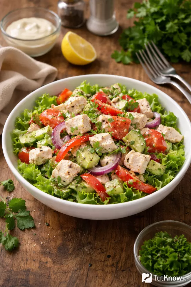 Вкусный салат с курицей и овощами в сметанно-горчичной заправке