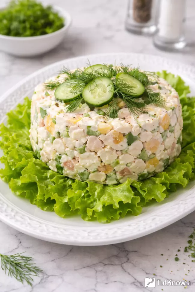 Классический салат с курицей, сыром, яйцами и гурцом