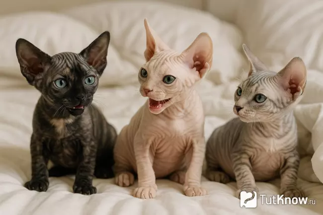 Сфинксы-котята разных окрасов сидят на мягком одеяле