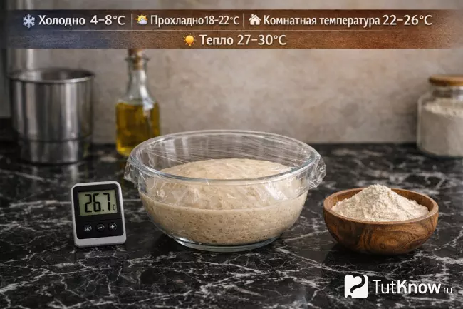 тесто под плёнкой с термометром для контроля температуры расстойки
