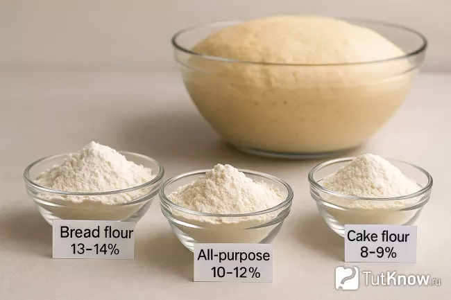 три вида муки с разным содержанием белка и тесто на подъёме