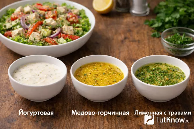 Три заправки для салата с курицей - йогуртовая, медово-горчичная и лимонная с травами