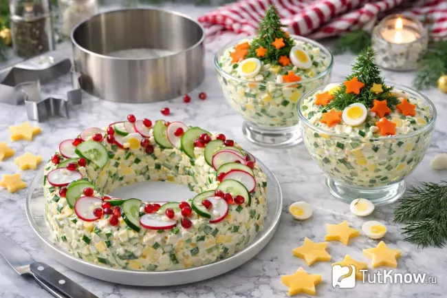 Варианты украшение новогоднего салата с яйцом и сыром