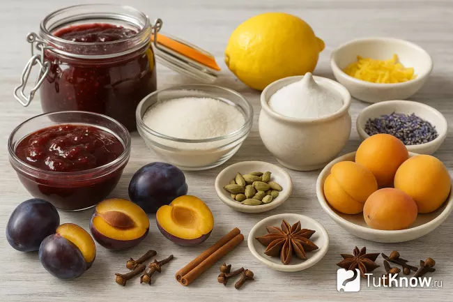 Варенье из красной смородины и слив с сахаром и пряностями