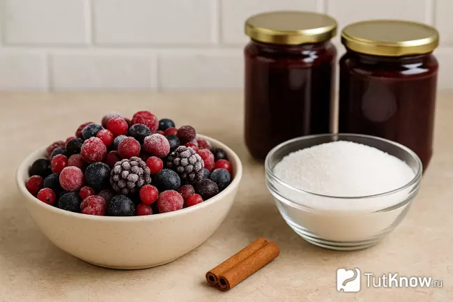 Замороженные лесные ягоды, сахар и готовый джем в банках