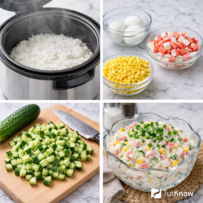 Пошаговое приготовление крабового салата с рисом и яйцом