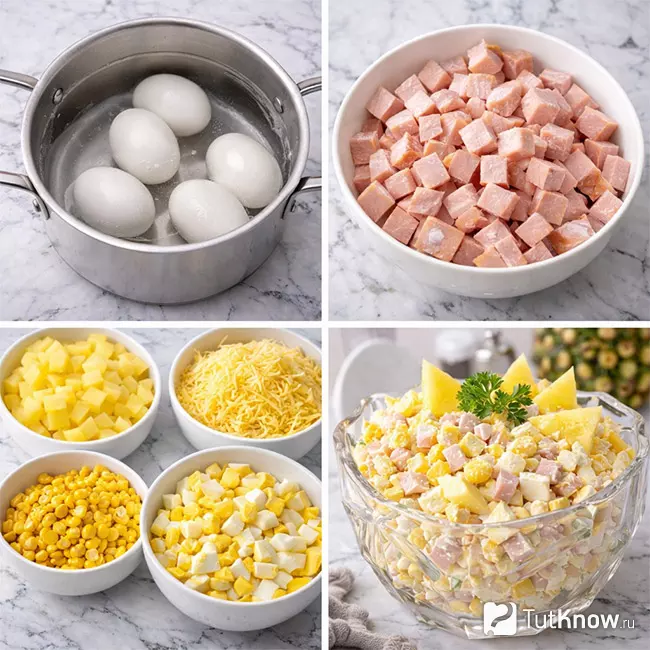 Пошаговое приготовление салата с ананасом, яйцами и ветчиной