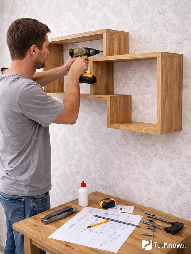Процесс сборки книжной полки по чертежу