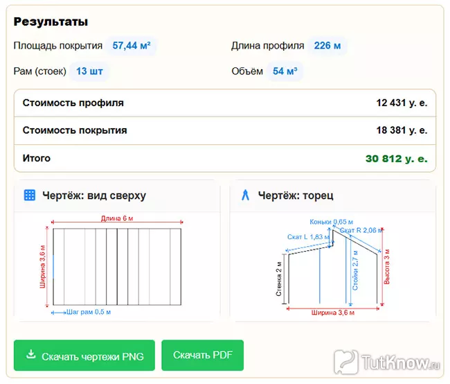 Результат расчета калькулятором размеров и цены теплицы Митлайдера