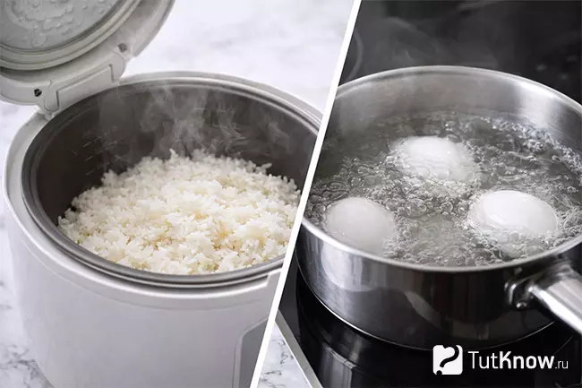 Шаг 1 - готовый рис для салата в рисоварке и варятся яйца в сотейнике