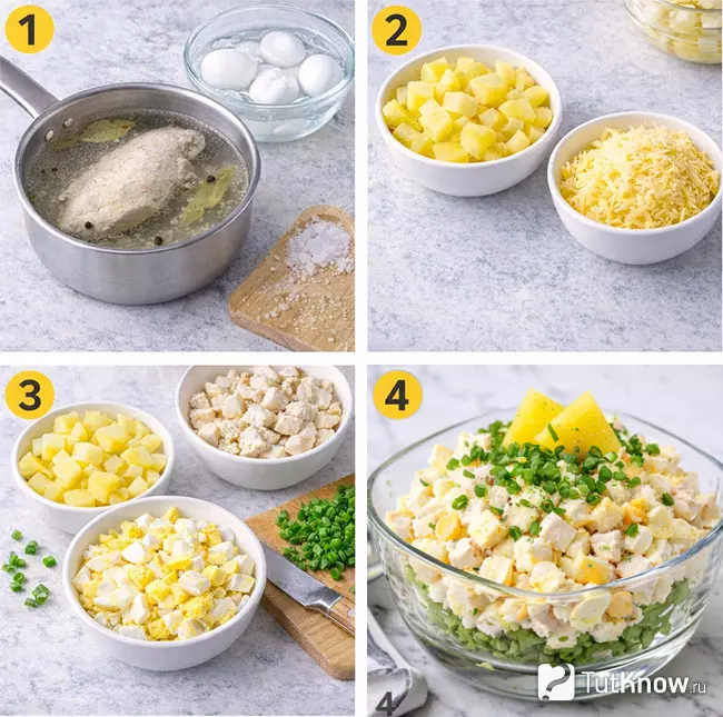 Пошаговое приготовление салата с ананасом и яйцом