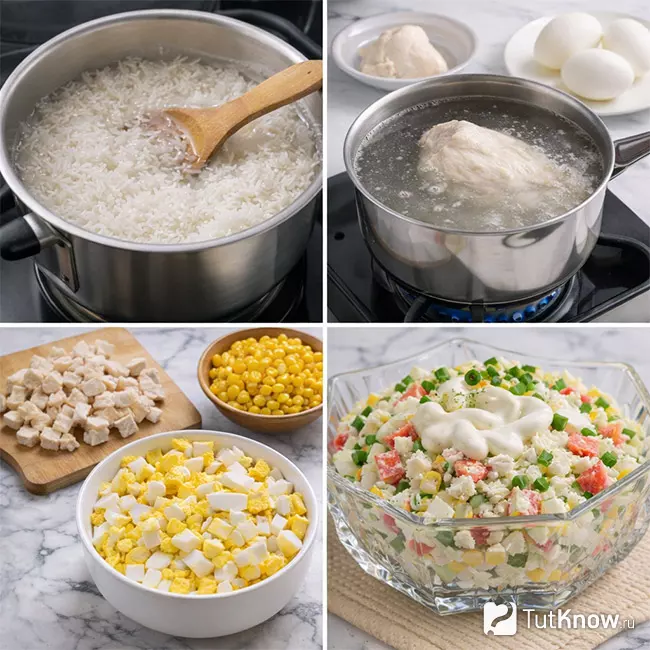 Пошаговое приготовление салата с крабовыми палочками, яйцами и рисом