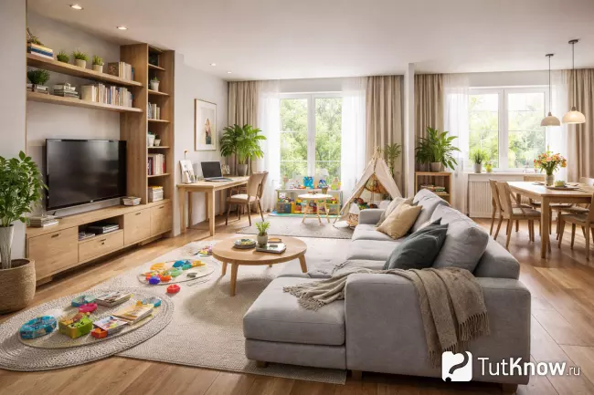 Многофункциональная гостиная с разными зонами