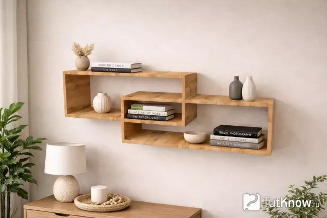 Современный асимметричный дизайн полки над рабочим столом