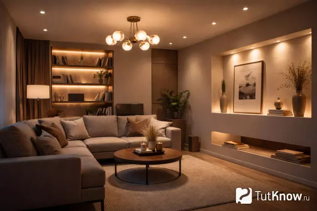 Современная гостиная с многоуровневым тёплым освещением